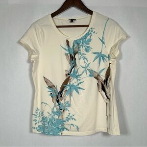 2 for$15 Talbots Blue Fitted Cap Sleeve Tee with Bamboo Floral Print